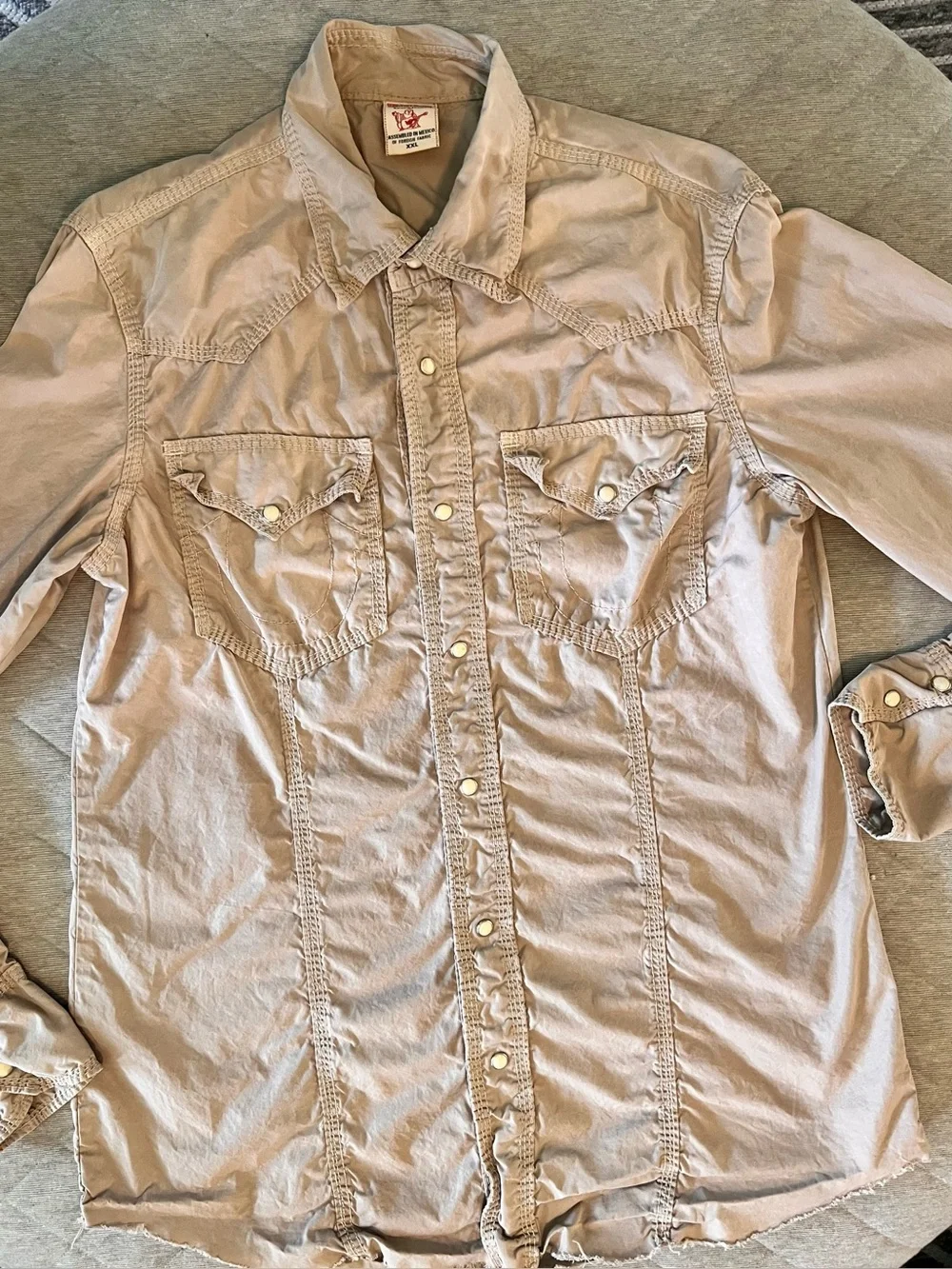 TRUE RELIGION XXL Tan Cotton Western Pearl Snap Raw Hem Shirt
